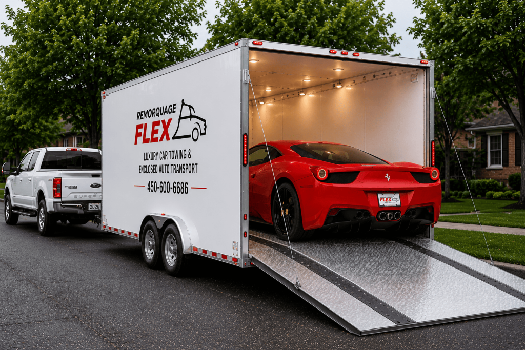 Remorquage Flex loading a luxury vehicle into the trailer